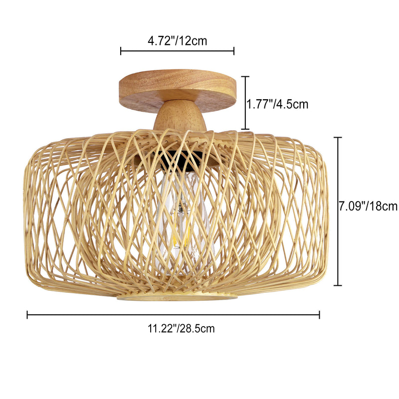 Contemporary Coastal Round Wood Bamboo Woven 1-Light Semi-Flush Mount Ceiling Light For Living Room