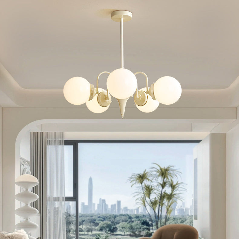 Lustre contemporain rétro à branches courbées avec tige ronde et boules en fer et verre 3/5 lumières pour salon 