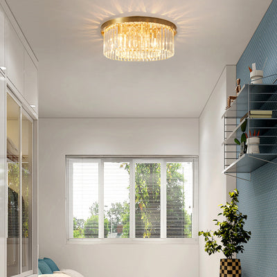 Modern Luxury Round Long Full Copper Crystal 4/5/6/8 Light Flush Mount Ceiling Light For Living Room