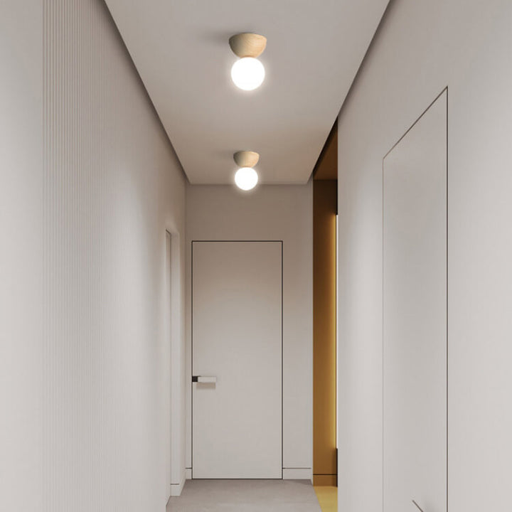 Japanese Minimalist Wood Grain Glass Round 1-Light Flush Mount Ceiling Light