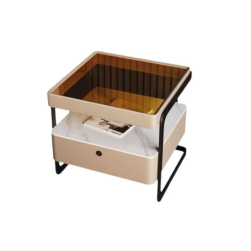 Table de nuit contemporaine nordique rectangulaire en verre renforcé, cuir, dalle de fer et bois avec 1 tiroir pour chambre 