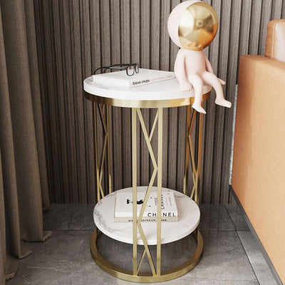 Mesa de Centro Moderna de Lujo Redonda con Tapa de Hierro y Estante de Roca para Sala de Estar 