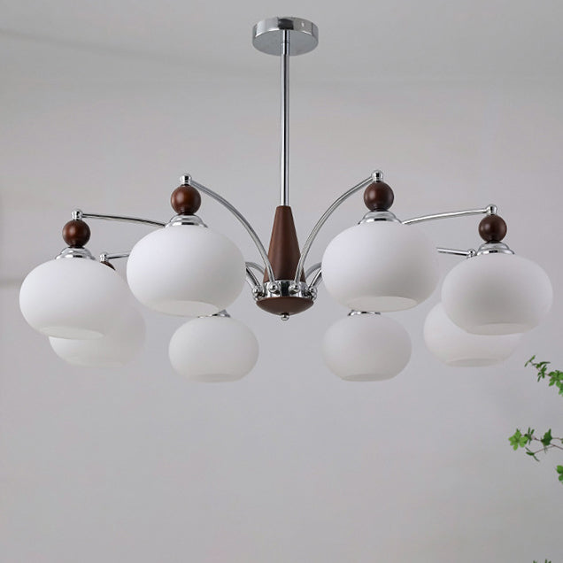 Modern Transitional Glass Round Shade Solid Wood Branch 3/5/6/8 Light Chandelier For Living Room