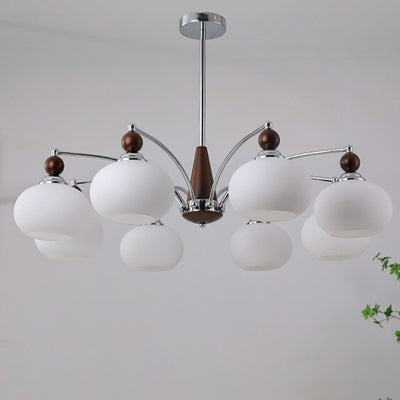 Modern Transitional Glass Round Shade Wood Branch 3/5/6/8 Light Chandelier For Living Room