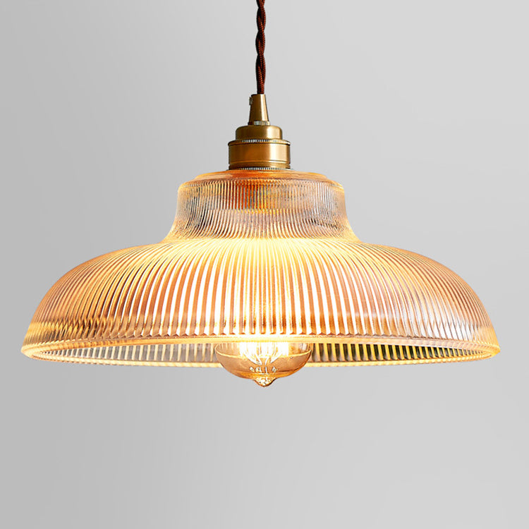 Traditionelle Vintage gerippte Glasscheibe Schirm Messing 1-flammige Pendelleuchte für Wohnzimmer 