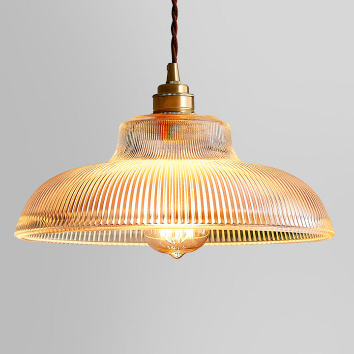 Traditionelle Vintage gerippte Glasscheibe Schirm Messing 1-flammige Pendelleuchte für Wohnzimmer 