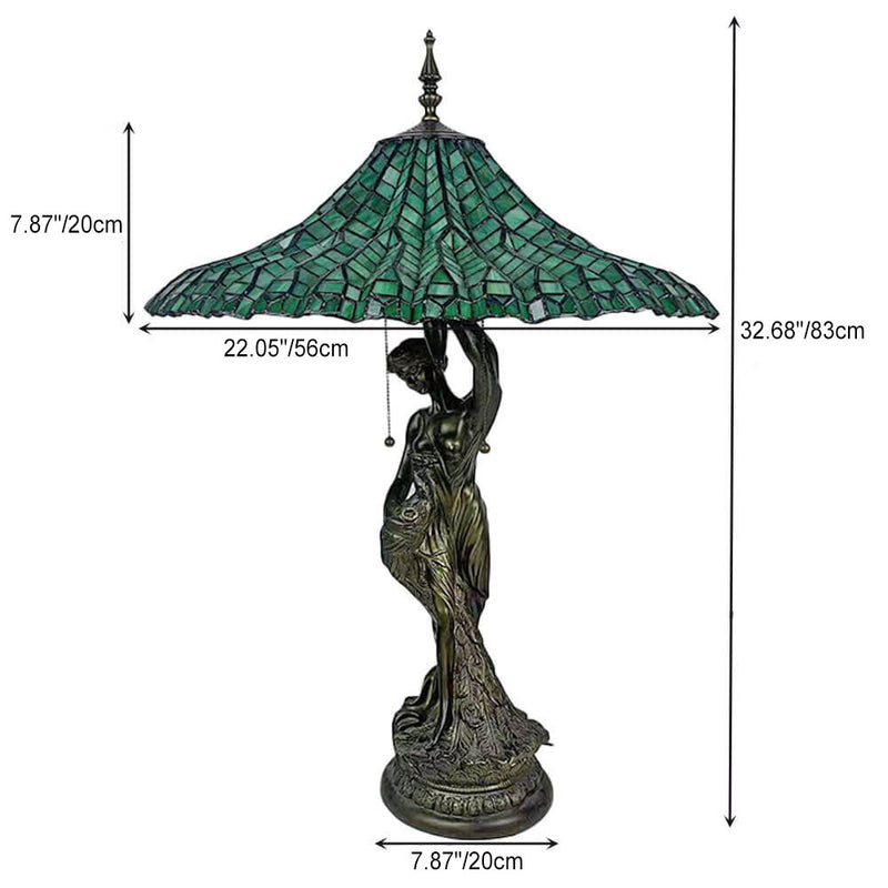 Traditional Tiffany Umbrella Goddess Copper Stained Glass 3-Light Table Lamp For Bedroom