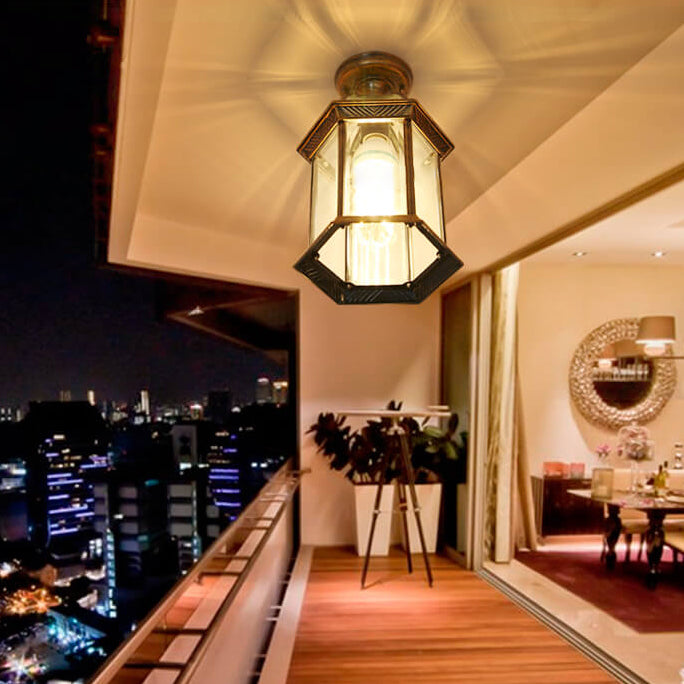 Traditional European Outdoor Hexagonal Lantern Waterproof 1-Light Semi-Flush Mount Ceiling Light For Outdoor