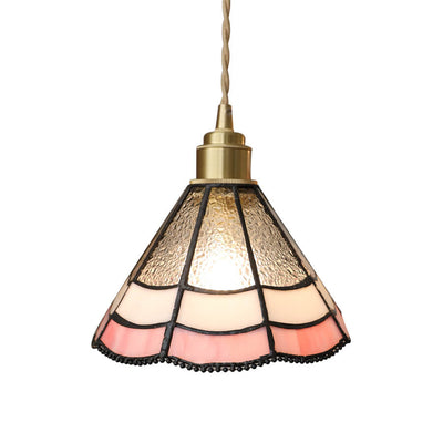 Nostalgic Pastoral Brass Pink Lace Water-Grain Glass 1-Light Pendant Light
