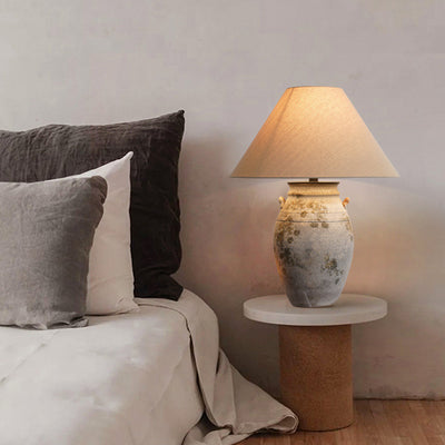Traditionelle Vintage Keramik Stoff Metall Conic Topf 1-Licht Tischlampe für Nachttisch 