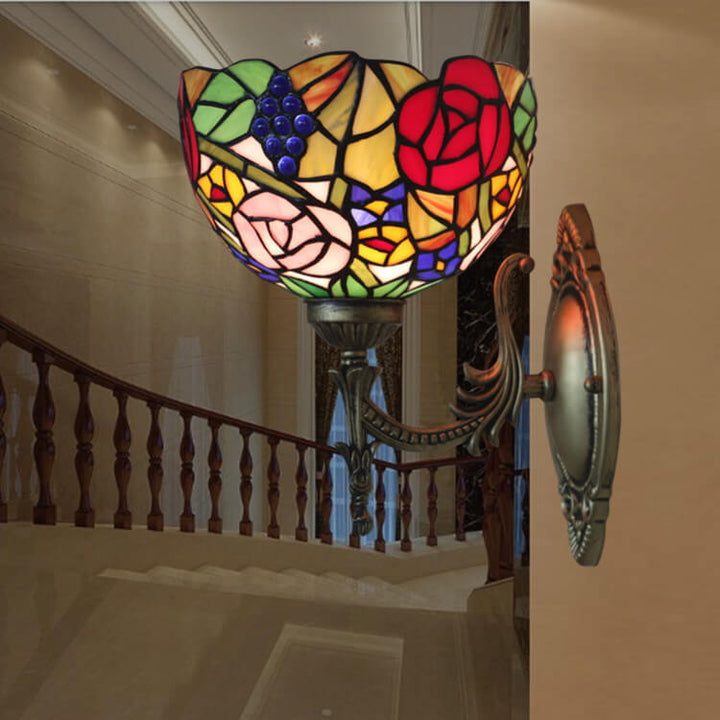 Vintage Tiffany Traubenblumen-Schale Buntglas 1-Licht Wandleuchte 