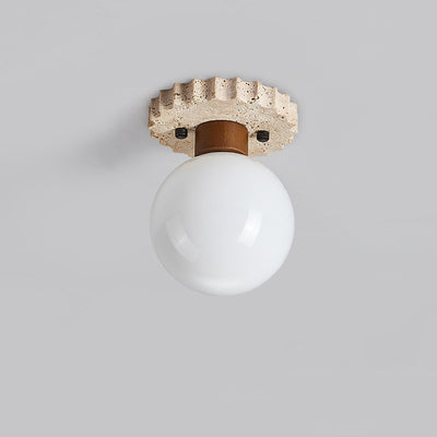 Traditional Japanese Ball Round Base Travertine Wood Glass 1-Light Semi-Flush Mount Ceiling Light For Hallway