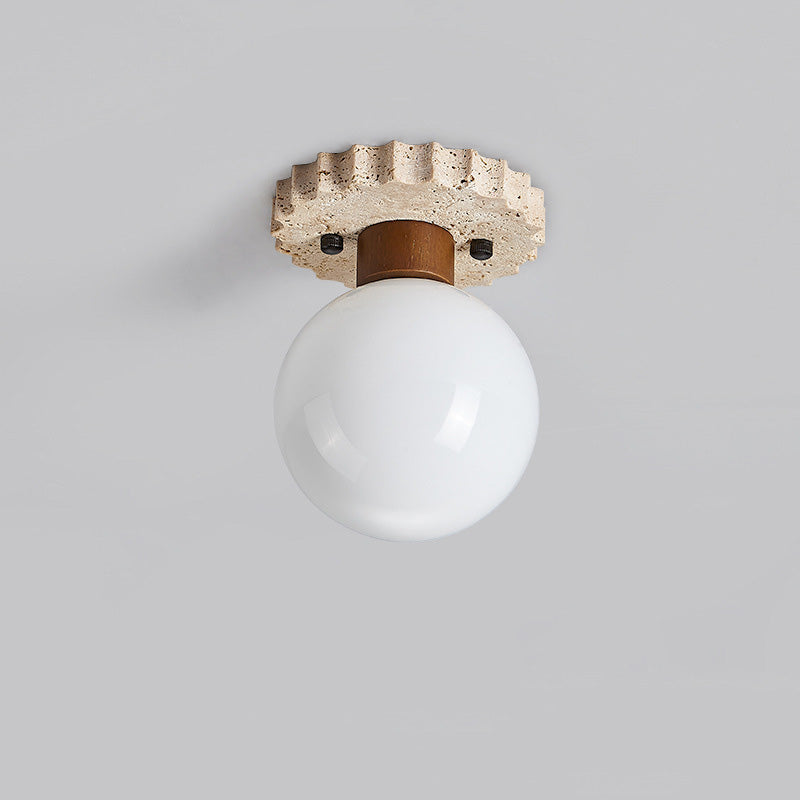 Traditional Japanese Ball Round Base Travertine Wood Glass 1-Light Semi-Flush Mount Ceiling Light For Hallway
