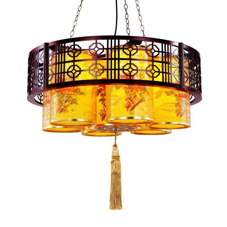 Lustres Traditionnels Chinois en Bois de Fer PVC Cylindre Rond Imprimé 7/9/11 Lumières pour Salle à Manger 