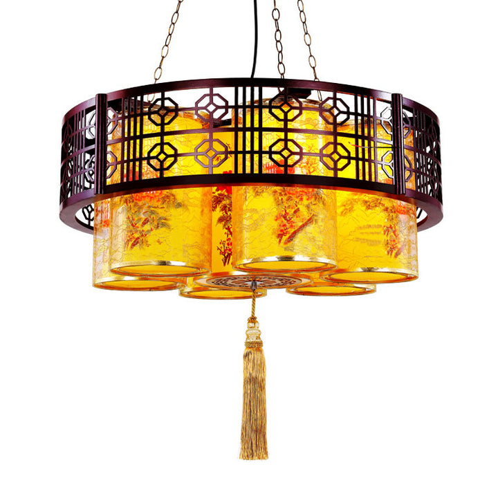 Lustres Traditionnels Chinois en Bois de Fer PVC Cylindre Rond Imprimé 7/9/11 Lumières pour Salle à Manger 