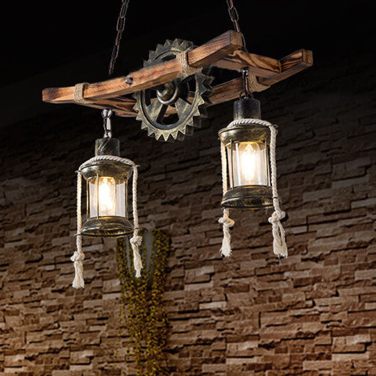 Vintage Industrielle Holz Metall 2-Licht Insel Leuchter 