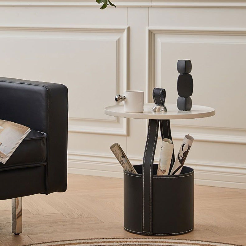 Contemporary Creative Round Barrel Faux Saddle Leather Stainless Steel Coffee Table Tote For Living Room