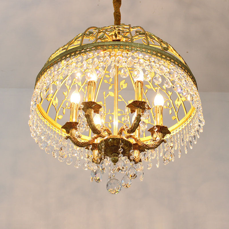 Chandelier à 6 lumières avec branches en cristal et dôme en cuivre de luxe traditionnel pour salle à manger 