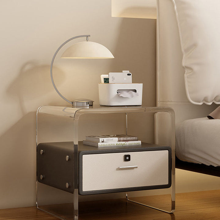 Modern Minimalist Cubic Rectangular Acrylic Pine Wood Microfiber Leather Nightstand 1-Drawer For Bedside