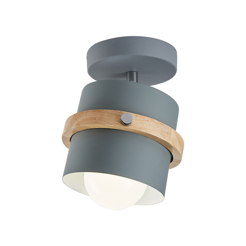 Contemporary Nordic Round Cylinder Iron Solid Wood 1-Light Semi-Flush Mount Ceiling Light For Hallway