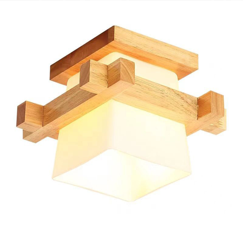 Traditionelle japanische Deckenleuchte mit Holzrahmen und Glassäule, 1 Licht, halbbündige Montage, für Wohnzimmer 