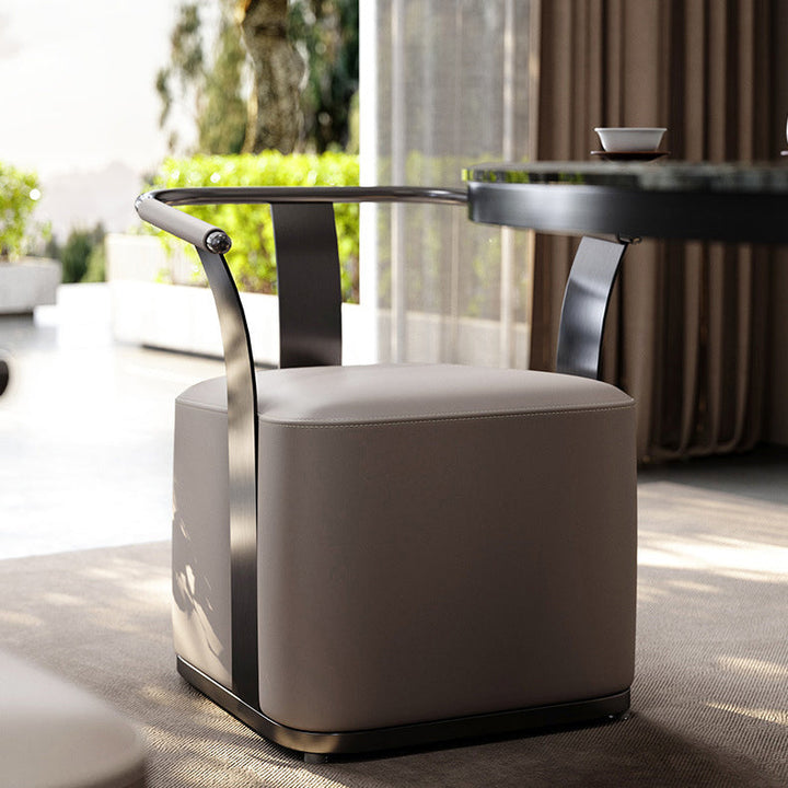 Moderner minimalistischer quadratischer Stuhl aus Edelstahl und Mikrofaserleder mit Rückenlehne und Armlehnen für das Wohnzimmer 