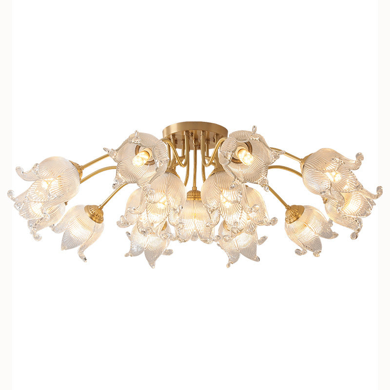 Traditional European Copper Glass Flower 5/12/15 Light Semi-Flush Mount Ceiling Light For Living Room