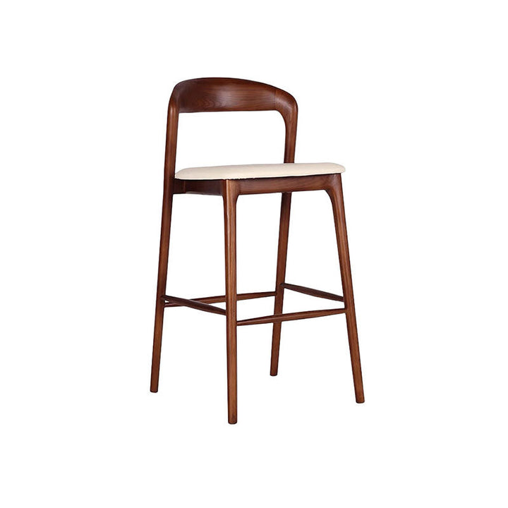 Tabouret de bar contemporain rétro à cadre carré en bois massif, revêtu de similicuir, dossier bas et repose-pieds pour salle à manger 