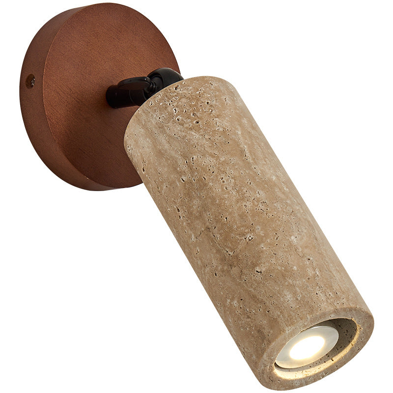 Traditional Japanese Yellow Travertine Walnut Cylindrical Spotlight 1-Light Wall Sconce Lamp For Bedroom