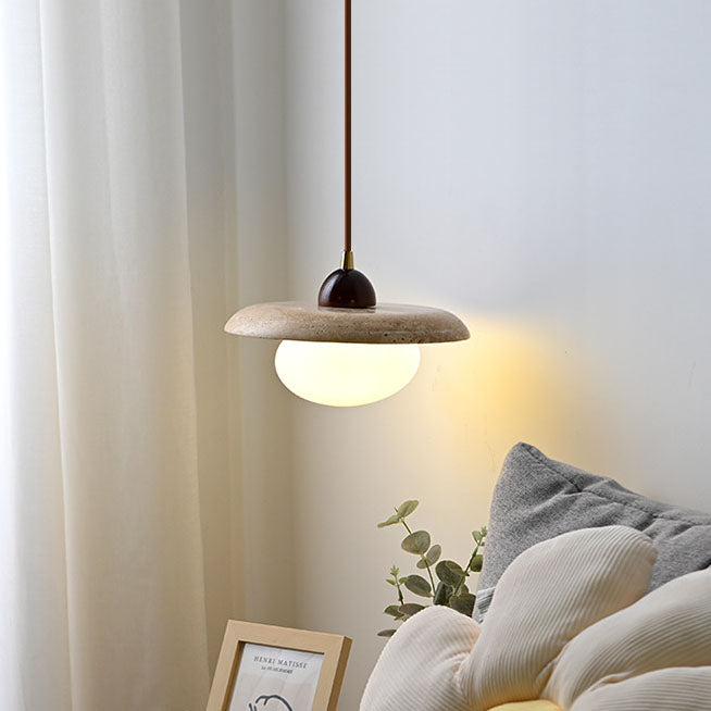 Nordic Modern Minimalist Semi-Circular Plate Yellow Travertine Solid Wood Glass 1-Light Pendant Light