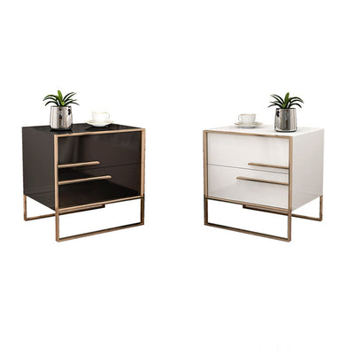 Table de nuit moderne en bois massif cubique avec cadre en acier inoxydable à 2 tiroirs pour chambre 