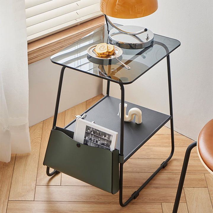 Moderner minimalistischer rechteckiger Glas-Eisen-Couchtisch, 2-stufig für Wohnzimmer 