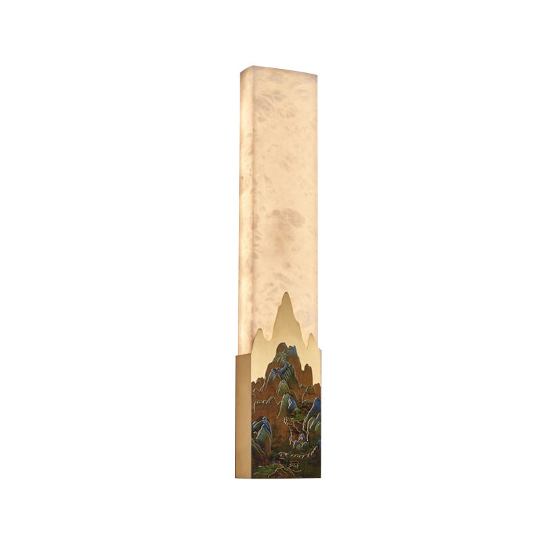 Applique murale LED rectangulaire en marbre chinois traditionnel tout-cuivre pour chambre à coucher 