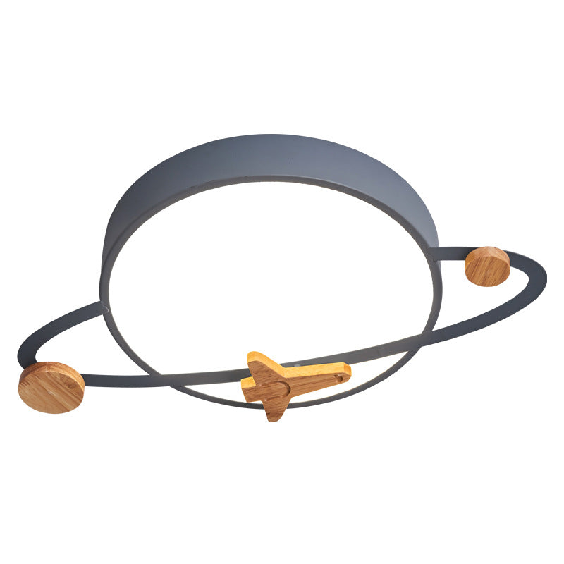 Contemporary Scandinavian Iron Acrylic Wood Round Planet Design LED Kids Flush Mount Ceiling Light For Bedroom