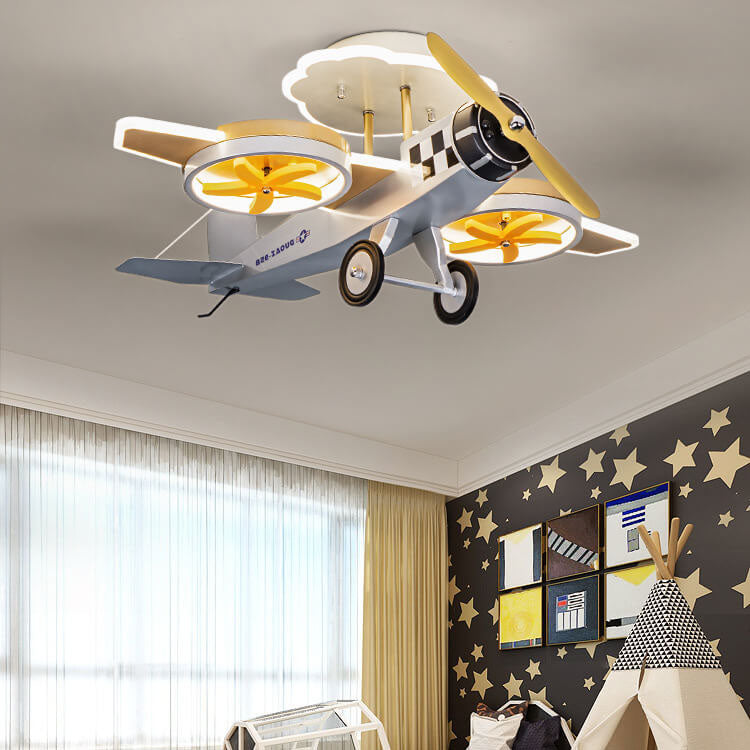 Creative Cartoon Airplane Iron Acrylic LED Kids Semi-Flush Mount Ceiling Light