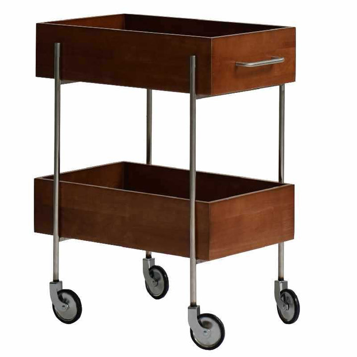 Zeitgenössischer Retro Rechteckiger Holz-Edelstahl-Beistelltisch, 2-stufig, beweglich für das Wohnzimmer 