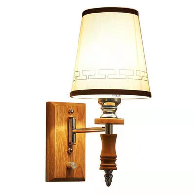 Chinese Retro Wood Element Fabric Barrel Shade 1-Light Wall Sconce Lamp