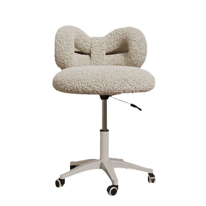 Moderner Art-Deco-Schmetterlingsknoten runder Sherpa-Stoff-Kunstleder-Metall-Schminktischhocker mit Rückenlehne, ohne Armlehnen, für das Schlafzimmer 