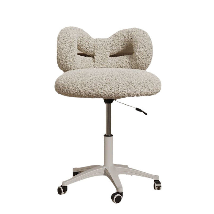 Moderner Art-Deco-Schmetterlingsknoten runder Sherpa-Stoff-Kunstleder-Metall-Schminktischhocker mit Rückenlehne, ohne Armlehnen, für das Schlafzimmer 