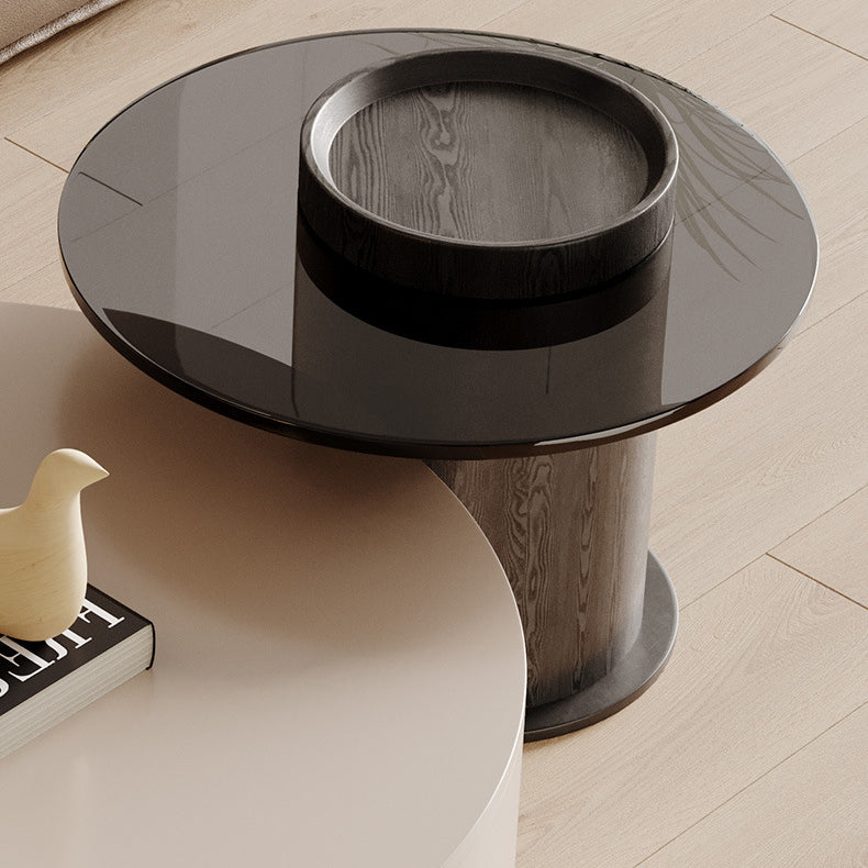 Modern Minimalist Round Plywood Metal Glass Coffee Table Set 2-Drawer For Living Room