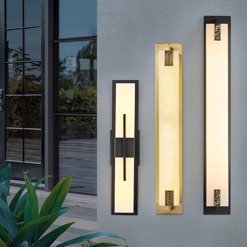 Modern Transitional Rectangular Copper Marble LED Outdoor Wall Sconce Lamp For Outdoor Patio