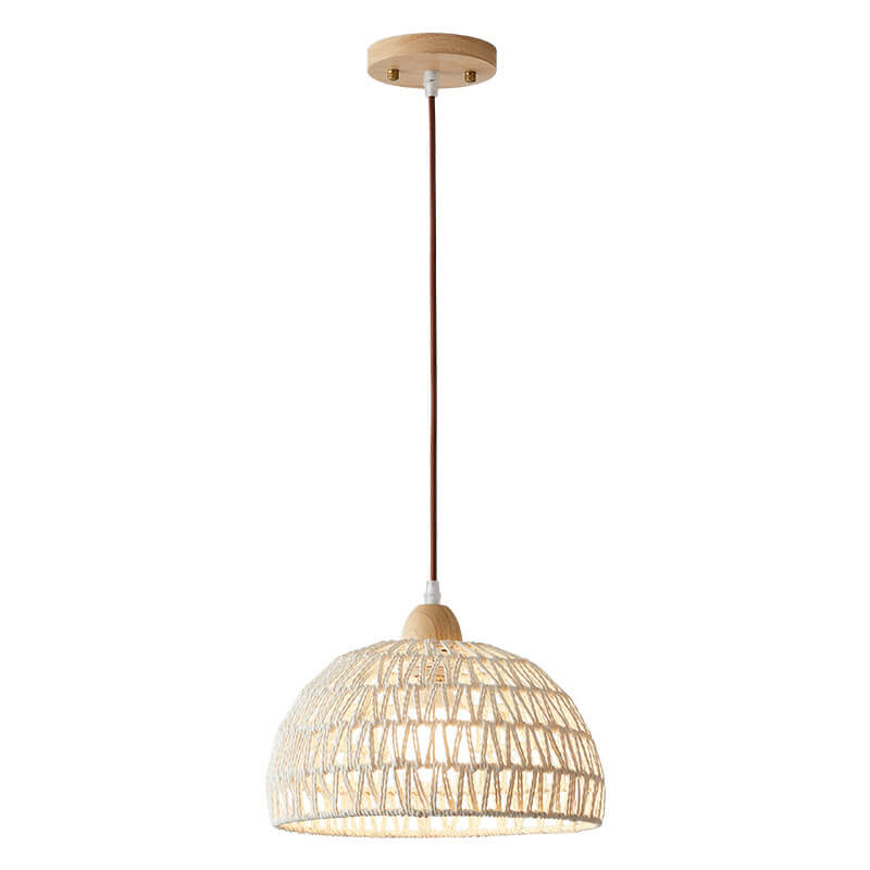 Contemporary Boho Rubberwood Faux Rattan Weaving Dome 1-Light Pendant Light For Dining Room