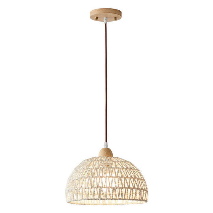 Contemporary Boho Rubberwood Faux Rattan Weaving Dome 1-Light Pendant Light For Dining Room