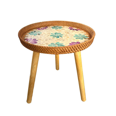 Table d'appoint ronde en bois et rotin fait main rustique traditionnel pour salon 