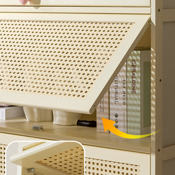 Armoire de rangement rectangulaire blanche en MDF bambou au design moderne et épuré, avec porte rabattable en rotin, 2 à 5 niveaux, pour salon et bureau 