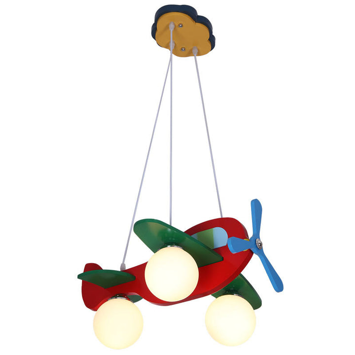 Contemporary Creative Wooden Board Propeller Plane 3-Light Kids Chandelier For Living Room