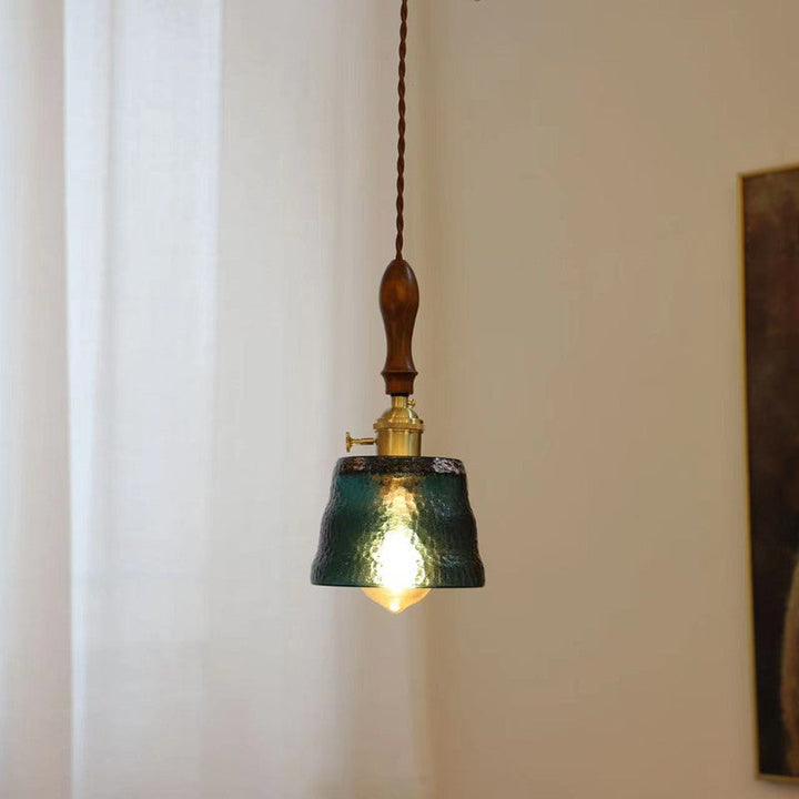 Lámpara colgante de 1 luz con pantalla de vidrio ondulado de nogal Art Deco moderno para sala de estar 