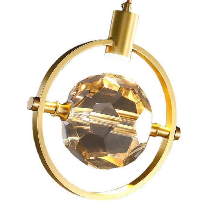 Modern Luxury Full Copper Circle Ring Crystal Ball 1-Light Pendant Light For Living Room