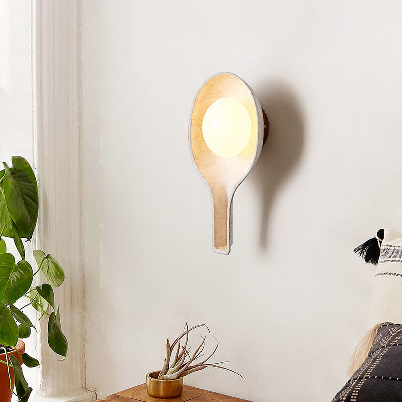 Applique murale 1 lumière avec abat-jour en forme de cuillère texture papier fait main en bois rétro Wabi-Sabi 