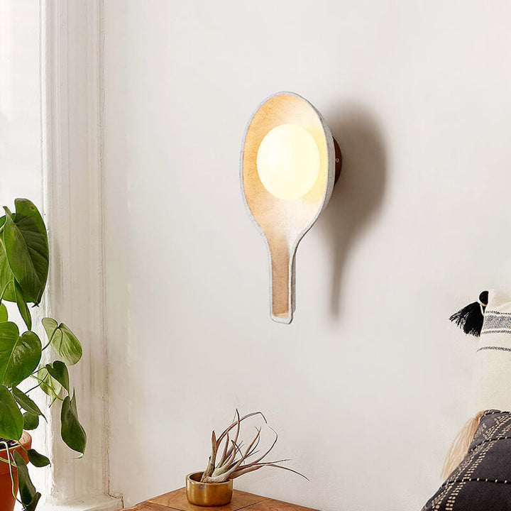 Applique murale 1 lumière avec abat-jour en forme de cuillère texture papier fait main en bois rétro Wabi-Sabi 